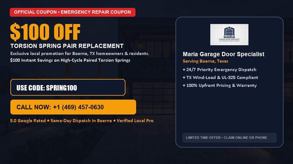 Maria Garage Door Specialist $100 OFF Dual Torsion Spring Replacement in Boerne, TX