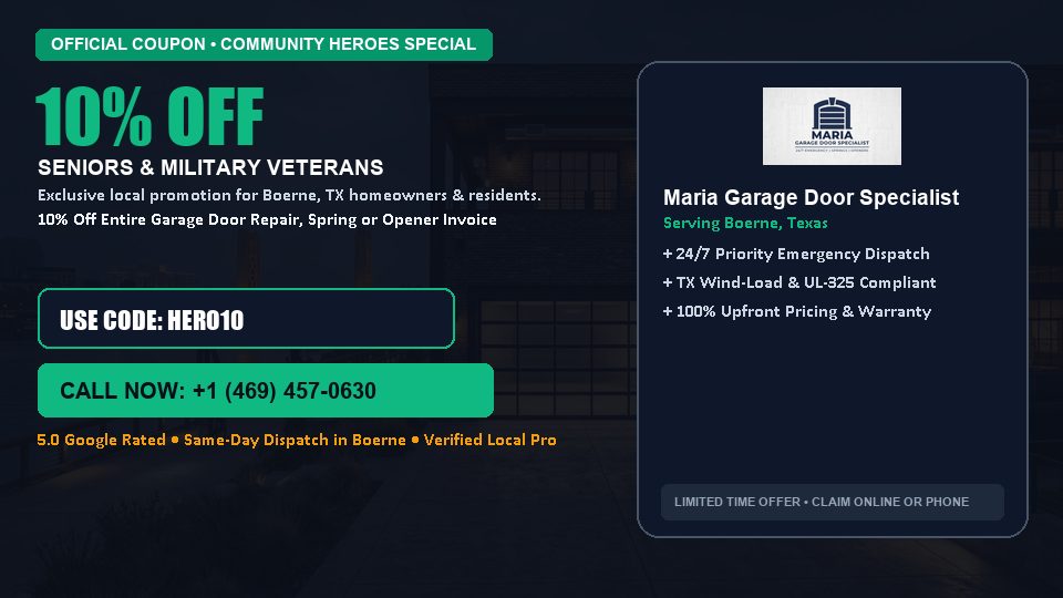 Maria Garage Door Specialist 10% OFF Seniors & Military Veterans in Boerne, TX